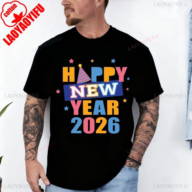 Happy New Year Colorful 2026 with Stars Adult TShirt Crew Neck Short Sleeve Cotton Top All Seasons Casual Fashion Comfortable