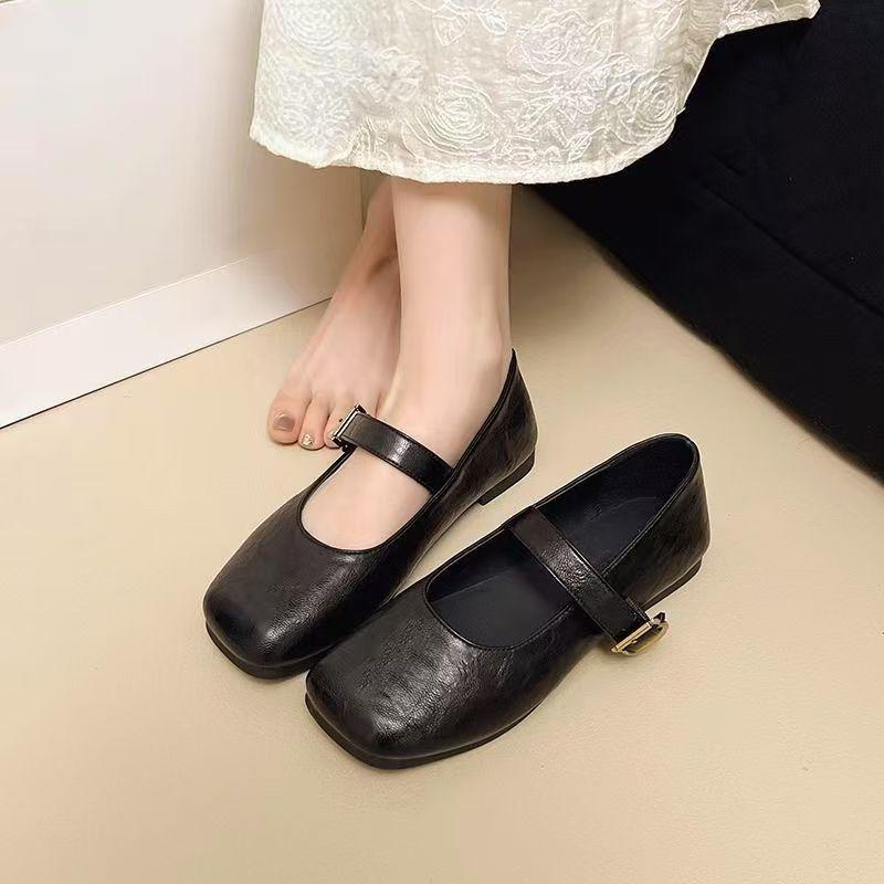 2025 New Mary Jane Shoes Female Genuine Leather Square Toe Flat Ballet Shoes Cowhide Ladies Shoes