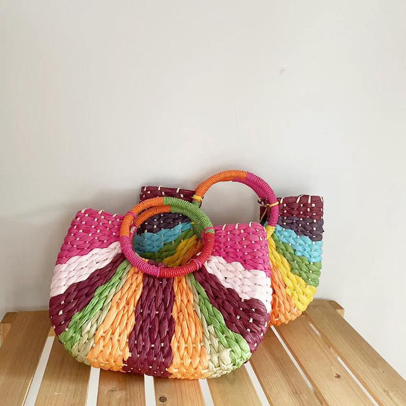 Yogodlns Straw Bag Women Hand-Woven Handbags Moon Shape Rattan Tote Bag Big Capacity Top-handle Bag