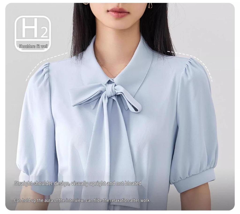 White Bow Short-Sleeve Women's Chiffon Top - Perfect for Professional Summer Wear and Interviews