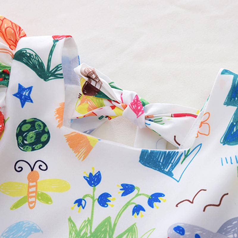 Children's Dress Summer Girls' Dress Cute Graffiti Kids Dress Square Collar Puff Sleeves Backless Dress