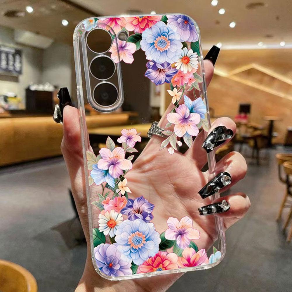 Colorful Watercolor Floral Transparent Phone Case For Samsung Galaxy A55 A54 A13 A14 A32 Clear Soft TPU Shockproof Flower Cover