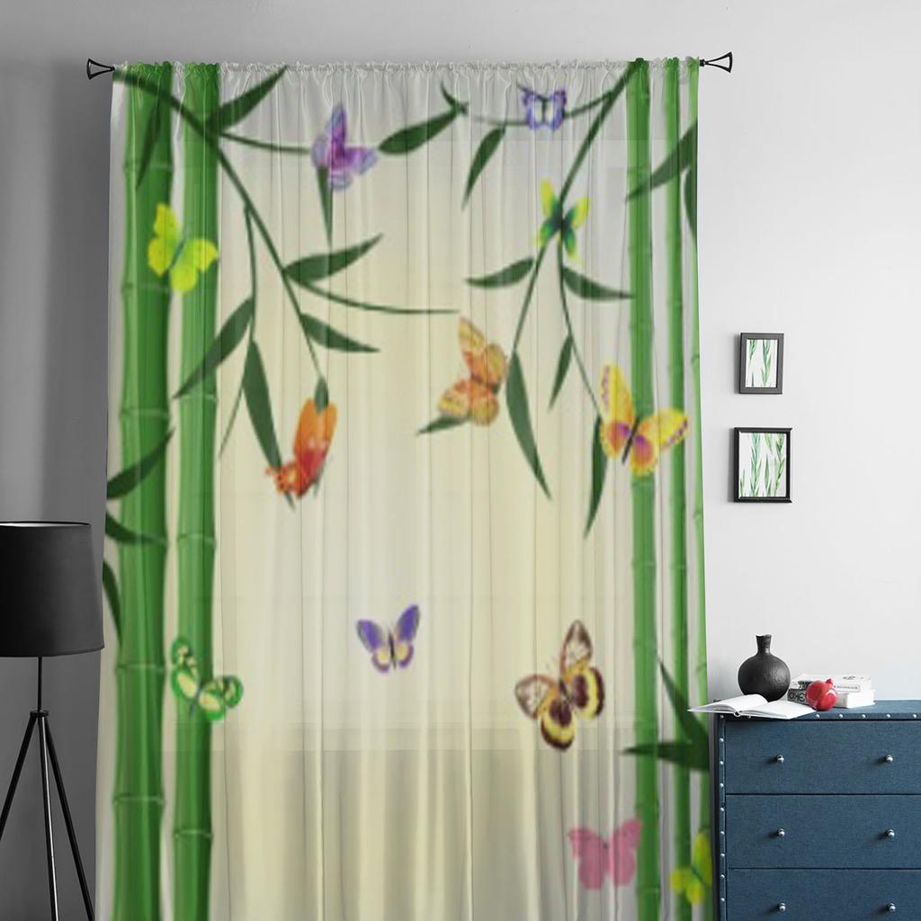 Oriental Bamboo Butterflies Sheer Curtain For Living Room Bedroom Voile Curtains For Window Organza Curtains Party Tulle Drapes