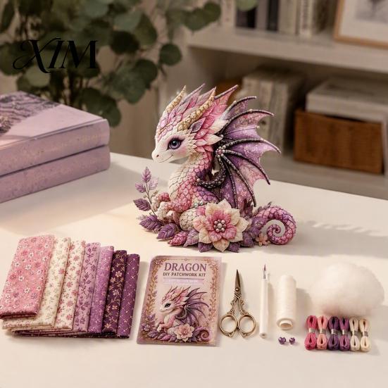 Screen Free Activity Dragon Patchwork DIY Kit, Fabric Sewing Kit with Artistic Crafting Materials Pre-cut Fabric, Beginner Craft for Handmade