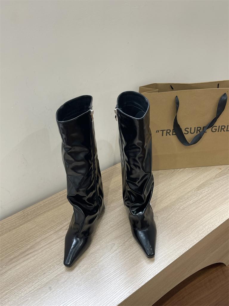 Huge legs! White trouser boots high heels Spice girl knight boots pointed toe slope heel high tube but knee boots women