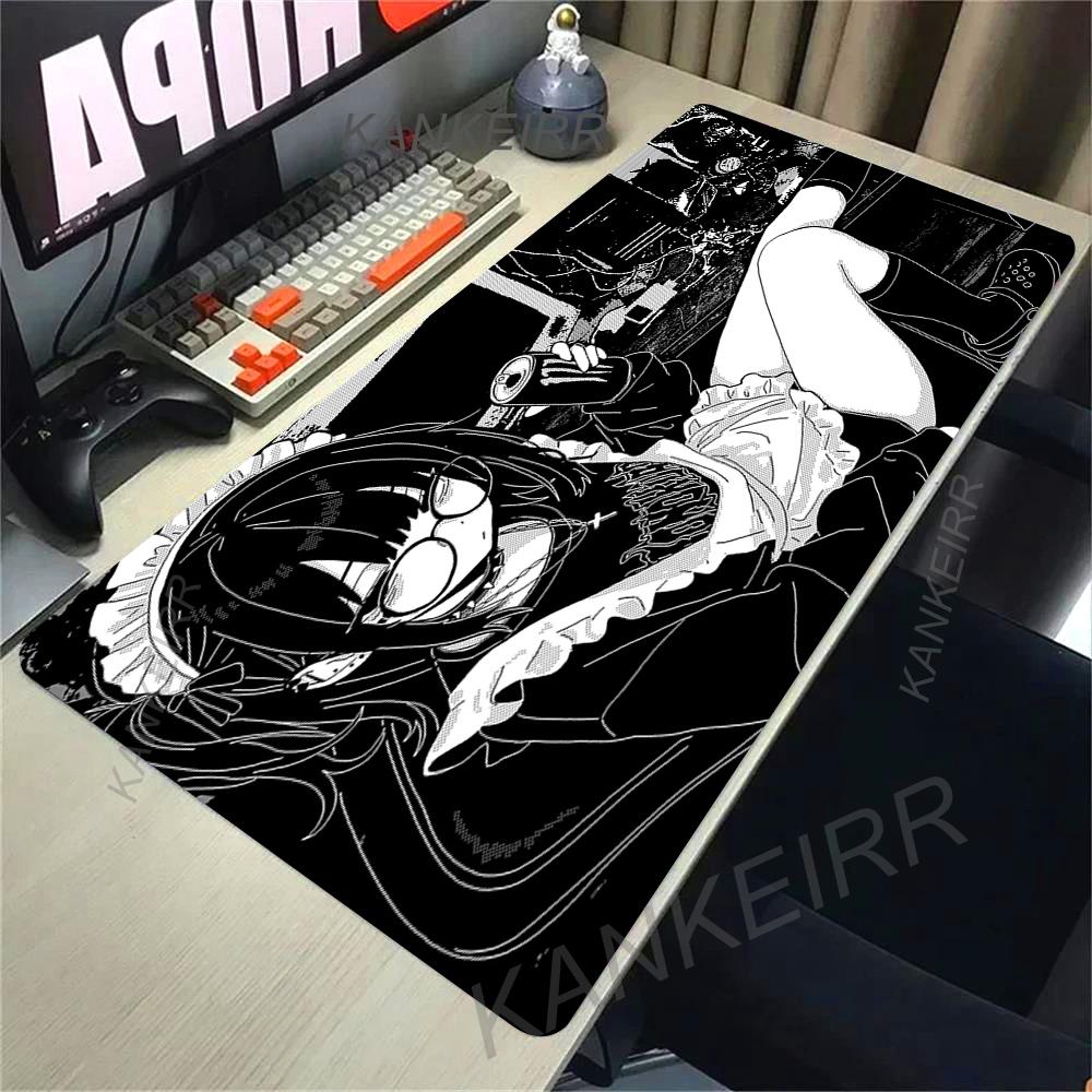 Cartoon Black And White Extended Desk Mat Laptop Japan Cool Anime Girl Mouse Pad Rubber Keyboard Rug PC Gamer Cabinet Mousepad