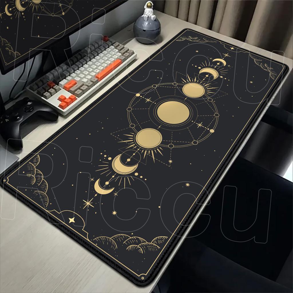 Weiß & Schwarz Schreibtischunterlage Gaming Tarot Astrologie Ästhetik Gummi-Mauspad 120x60cm Cartoon Himmlische Mondphasen Rutschfestes Mauspads