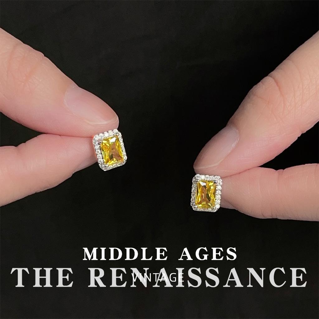 Винтажные французские квадратные серьги-гвоздики с желтым цирконом, серьги с придворным темпераментом.