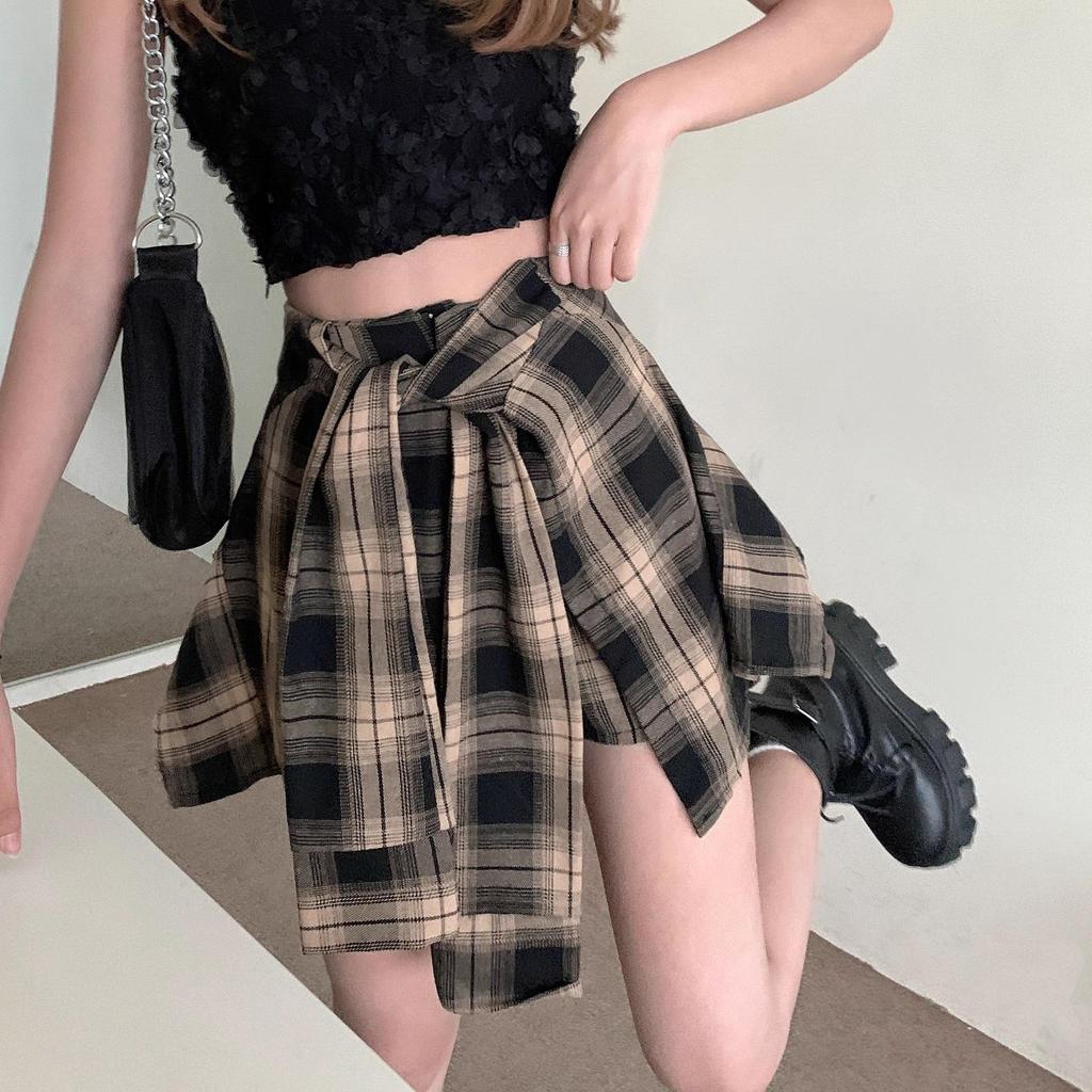 Women's 2025 Black Plaid A-Line Skort with Irregular Two-Piece Design