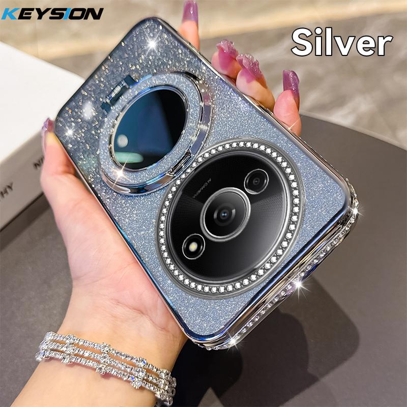 

KEYSION Роскошный блестящий магнитный чехол с драгоценностями для Redmi A3 A3X, чехол-подставка с зеркалом для макияжа, противоударный чехол для Xiaomi POCO C61 for POCO C61 серебряный