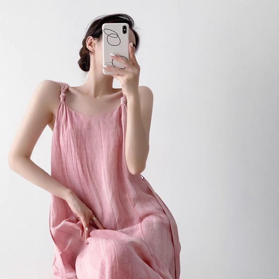 Women's French Retro Off-Shoulder Pink Tie-Dye Camisole Dress for Summer Vacations