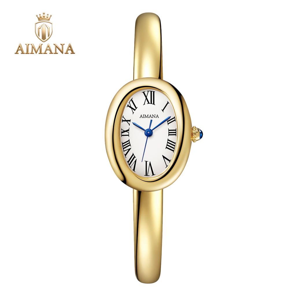 AIMANA Elegant Ladies Gold Bangle Watch Luxury Oval Roman Numeral Quartz Stainless Steel Strap Classic Dress Gift for Women