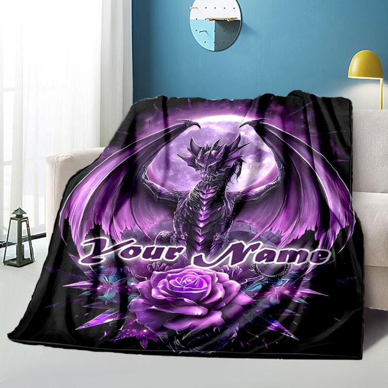 1PC Custom Name Purple Dragon Fantasy Art outdooor Flannel blankets Throw Blanket All-Season Throw Gift Bedspread for Couch, Bed, Camping Holiday Birt
