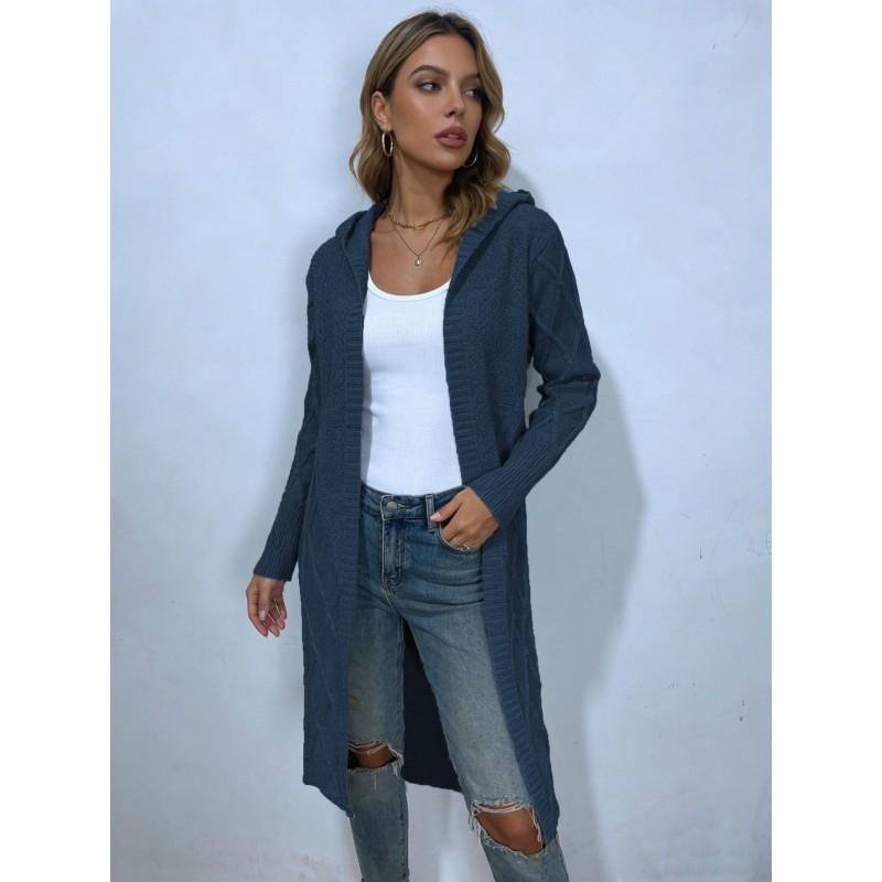 Womens Oversized Crochet Cable Knit Hooded Cardigan Long Sleeve Loose Fit Sweater In Solid Colors