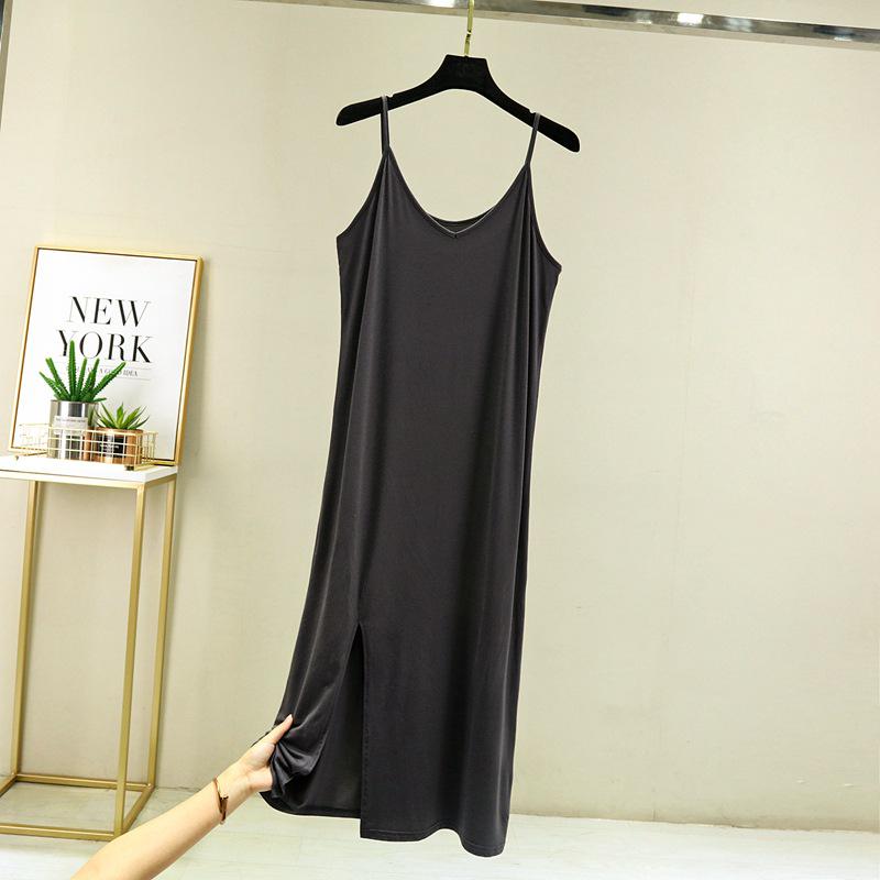 Korean Style Women's Modal Slimming V-Neck Spaghetti Strap Dress with Slit, Plus Size – Spring/Summer Collection