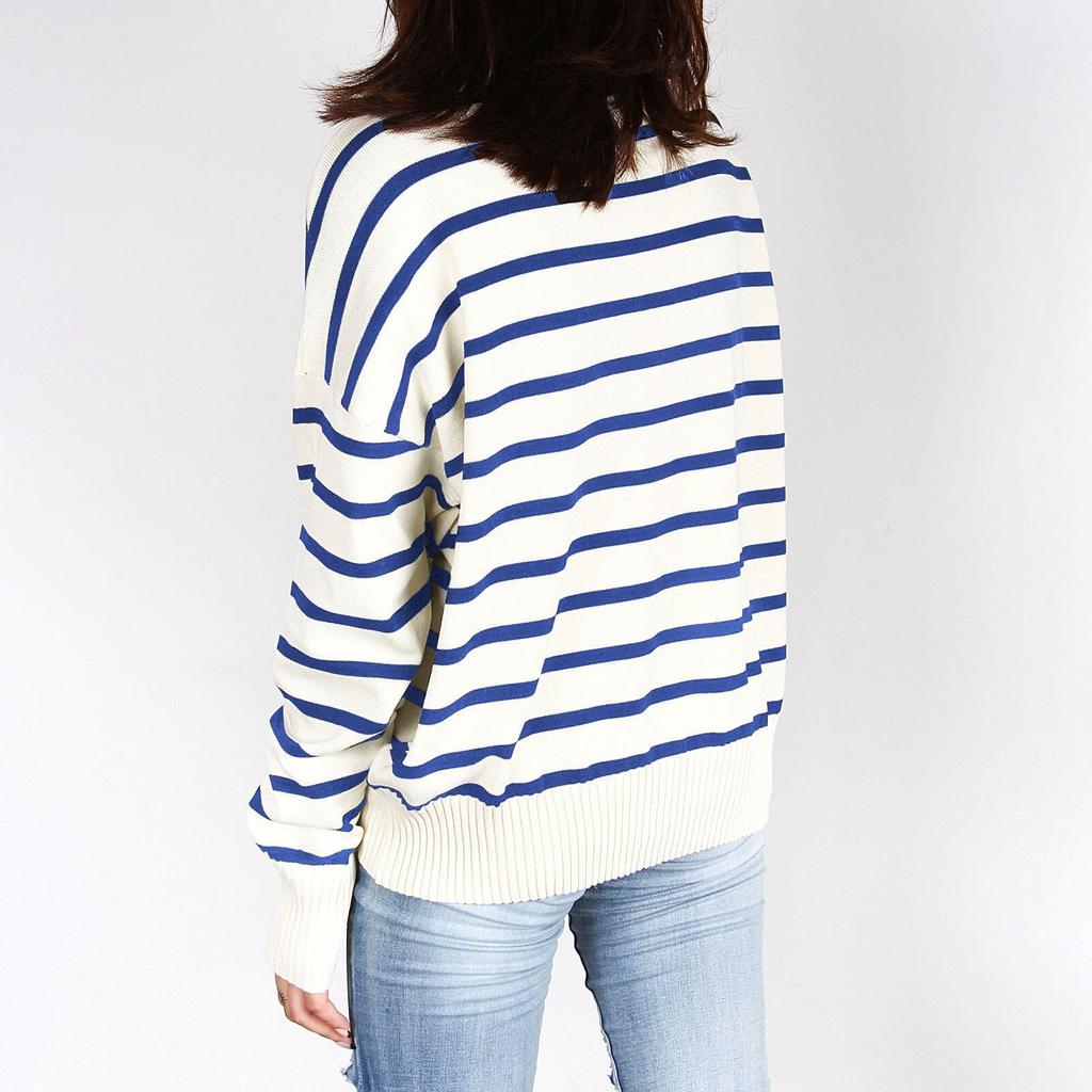Women's Knit Long Sleeve Rib Lapel Striped Sweater Knitwear Pullover Sweaters