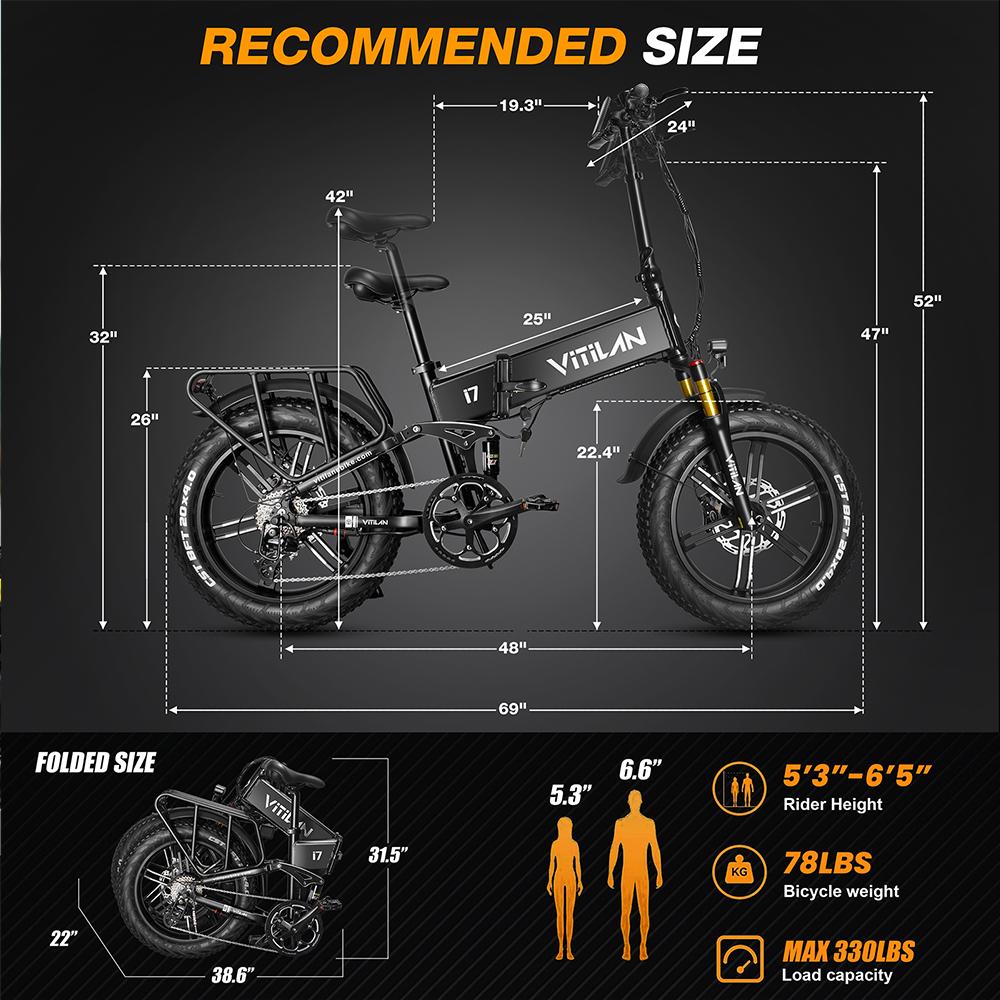 Electric Bicycle Vitilan 20" 750W Motor City Ebike 48V 20AH Max Range 7 Speed Load 150Kg Hydraulic Brakes I7 Pro