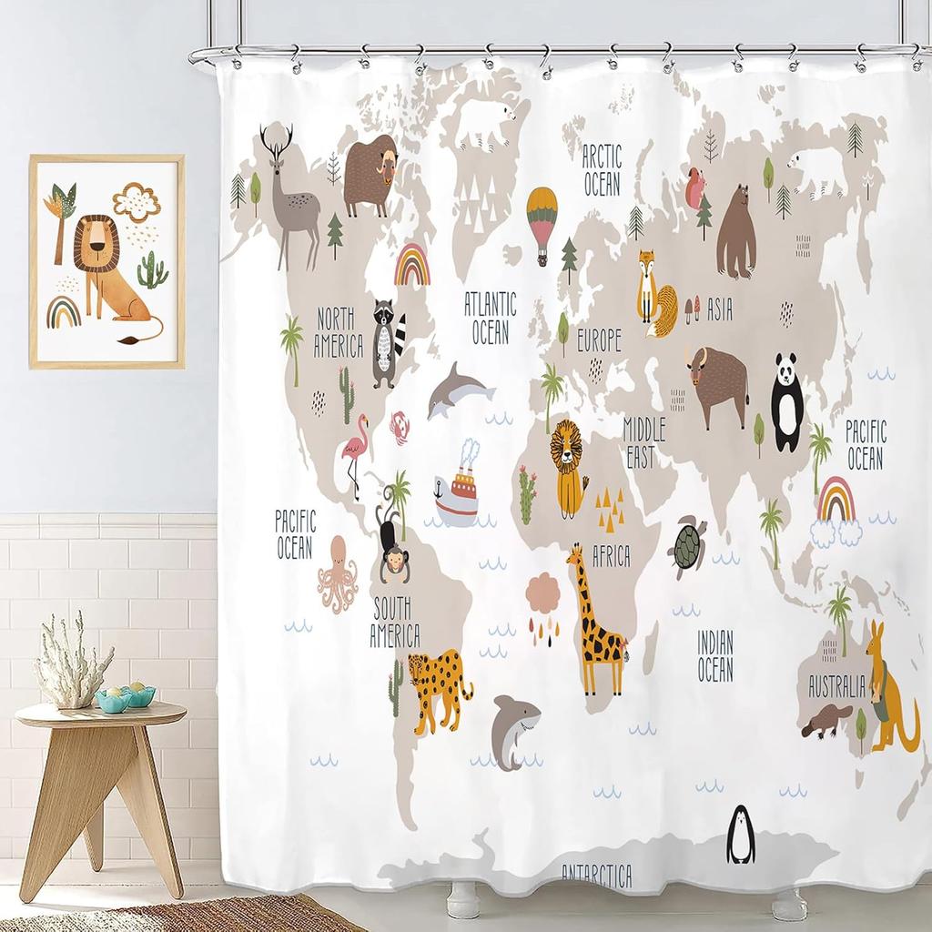 Kids World Map Shower Curtain with Cartoon Animal Pattern, Educational Waterproof Polyester Fabric for Children's Bathroom Decor