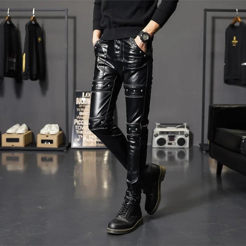 Autumn Spring Mens Skinny Biker Leather Pants Fashion Faux Leather Motorcycle Trousers for Male Trouser Stage Club Wear