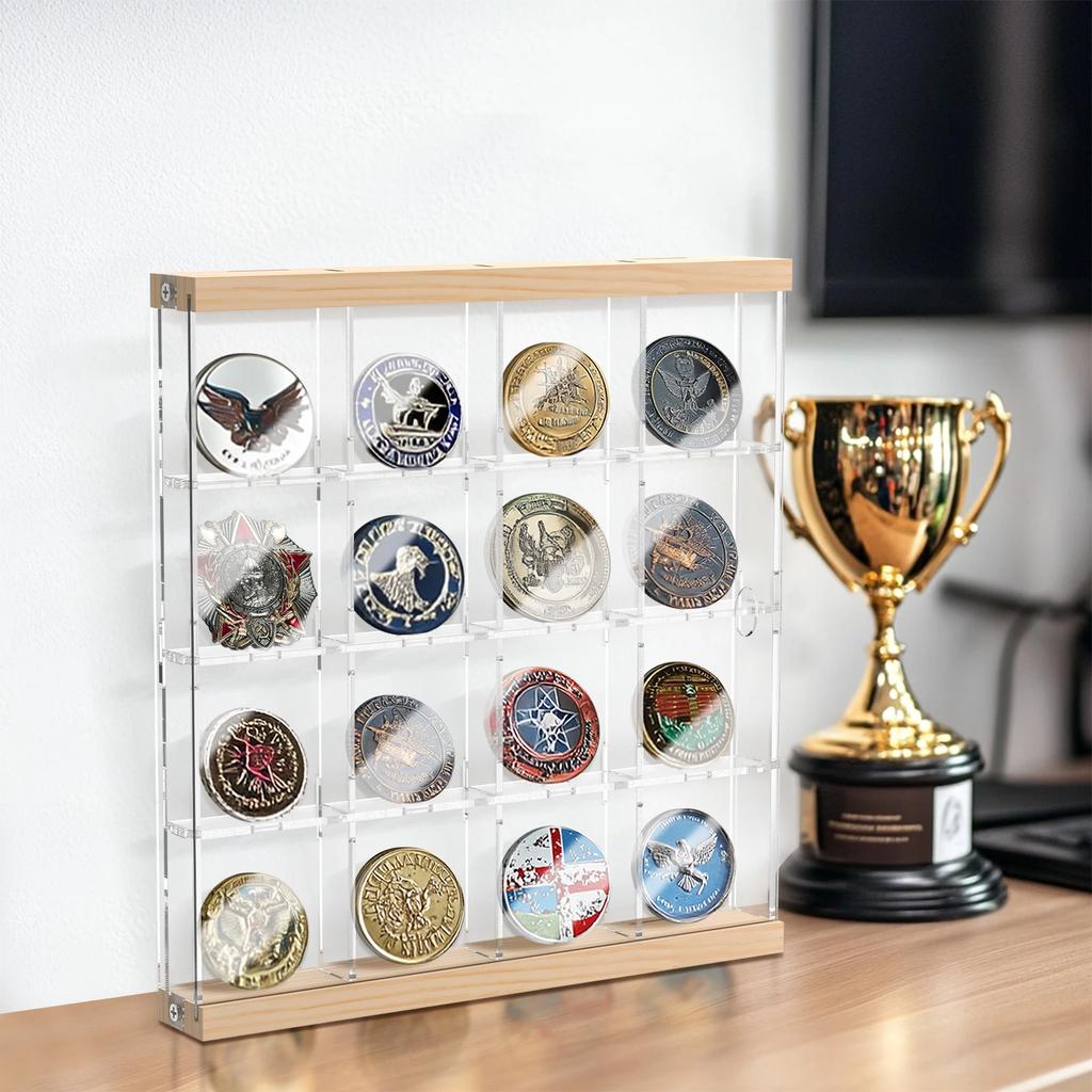 4 Layers Acrylic Coin Holder Clear Challenge Coin Holder with 16/24 Compartments Mini Handmade Statue Collection Display Box