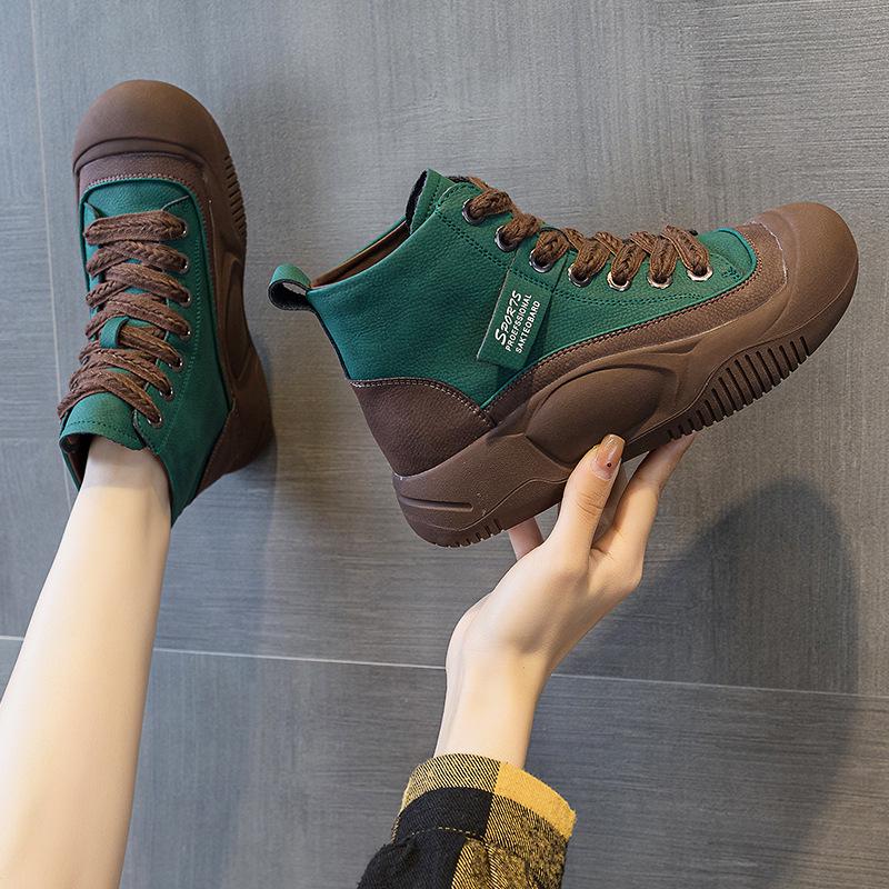 Leather Internet Celebrity High-top Shoes Children's Autumn 2025 New Popular Versatile Thick-soled Muffin Heightening Sports and Leisure Shoes