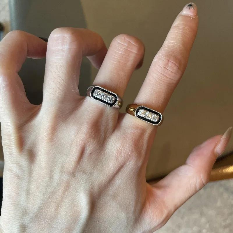 Light Luxury Retro Black Enamel Edging Ring Layered Style   Inlaid Crystal Rings For Women Creative Fashion Jewelry