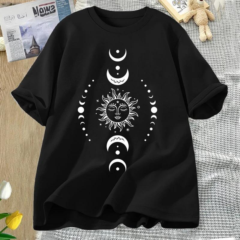 Sun and Moon Pritned T Shirt Celestial Boho Mystical Tshirt Magic Moon Short Sleeve Tshirt Women Harajuku Tee Streetwear Black