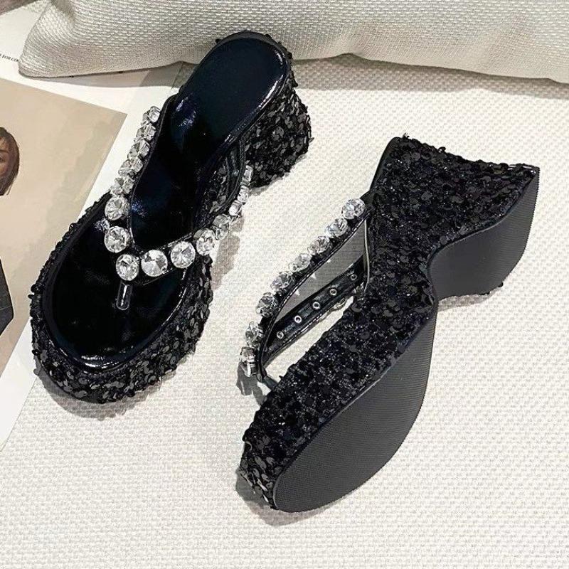 Women's High-heeled Flip-flops Fashion Round Toe Clip Sequin Crystal Buckle Thin Strap Waterproof Platform Wedges