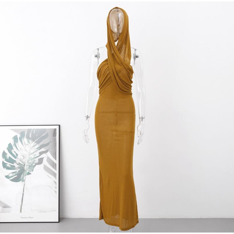 See Through Hooded Dress Sexy Backless Skinny Long Dresses Female 2023 Elegant Sheath Maxi Vestido Round Neck High Waist Slim Fit One Piece Dress