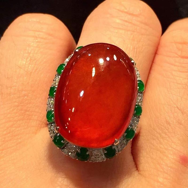Natural Chalcedony Positive Red Oval Large Egg Face Ring Opening Adjustable Chinese Style Peculiar Retro Ladies