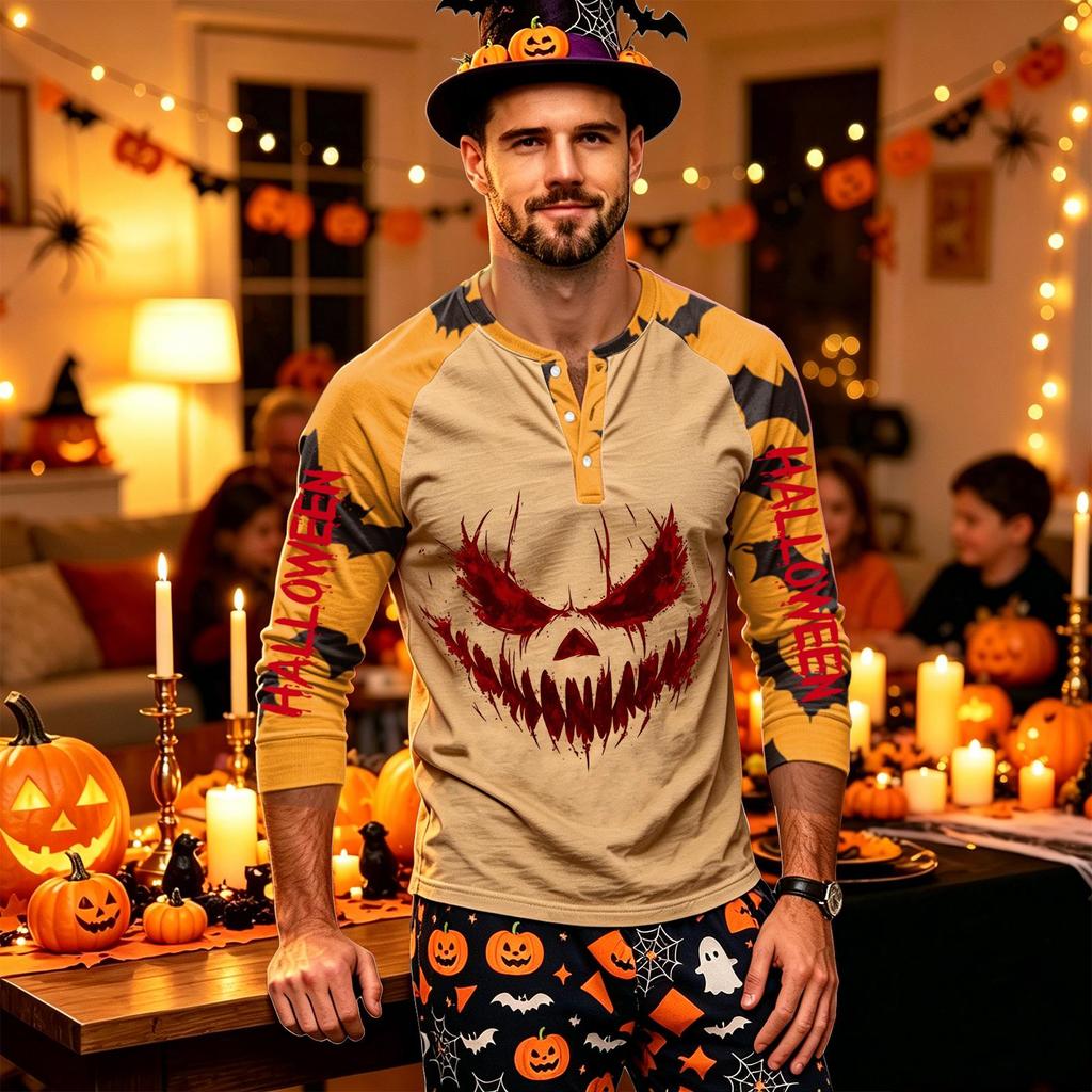 Men's Long Sleeve Shirt with Halloween Print for Holiday Parties and Casual Wear