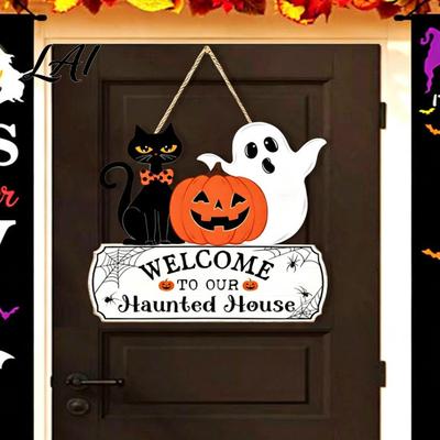 Fall Porch Decorations Halloween Wood Welcome Door Sign Pumpkin Ghost Black Cat Hanging Decor for Wooden Sign Front Door Rustic Farmhouse