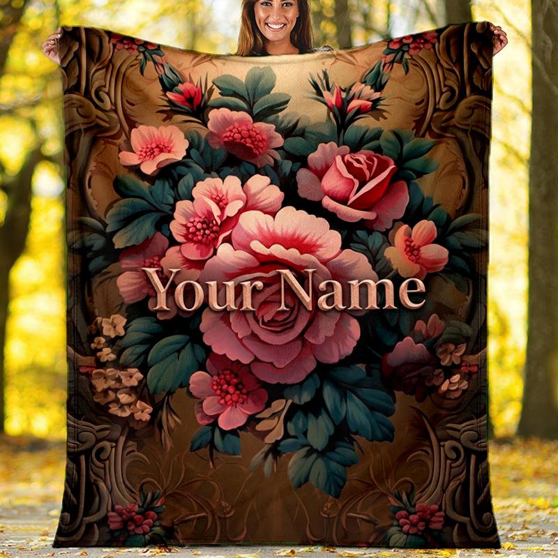 Custom Name Floral elegance vintage charm Flannel Fleece Blanket Cozy Warm Throw Blanket For Couch Bed Travel All Season Use