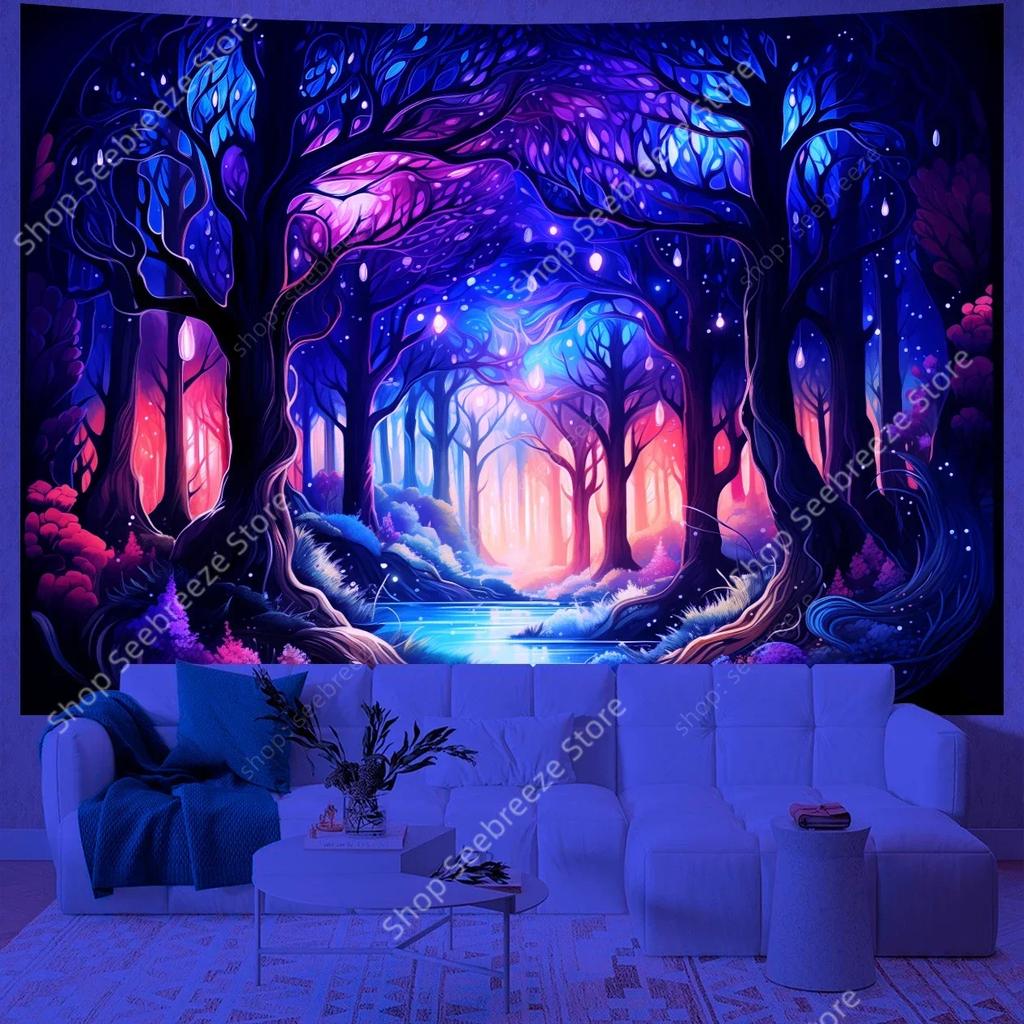 Psychedelic Forest UV Reactive Tapestry Hippie Plant Nature Tree Wall Tapestry Misty Jungle Neon Poster Bedroom Backdrop Decor