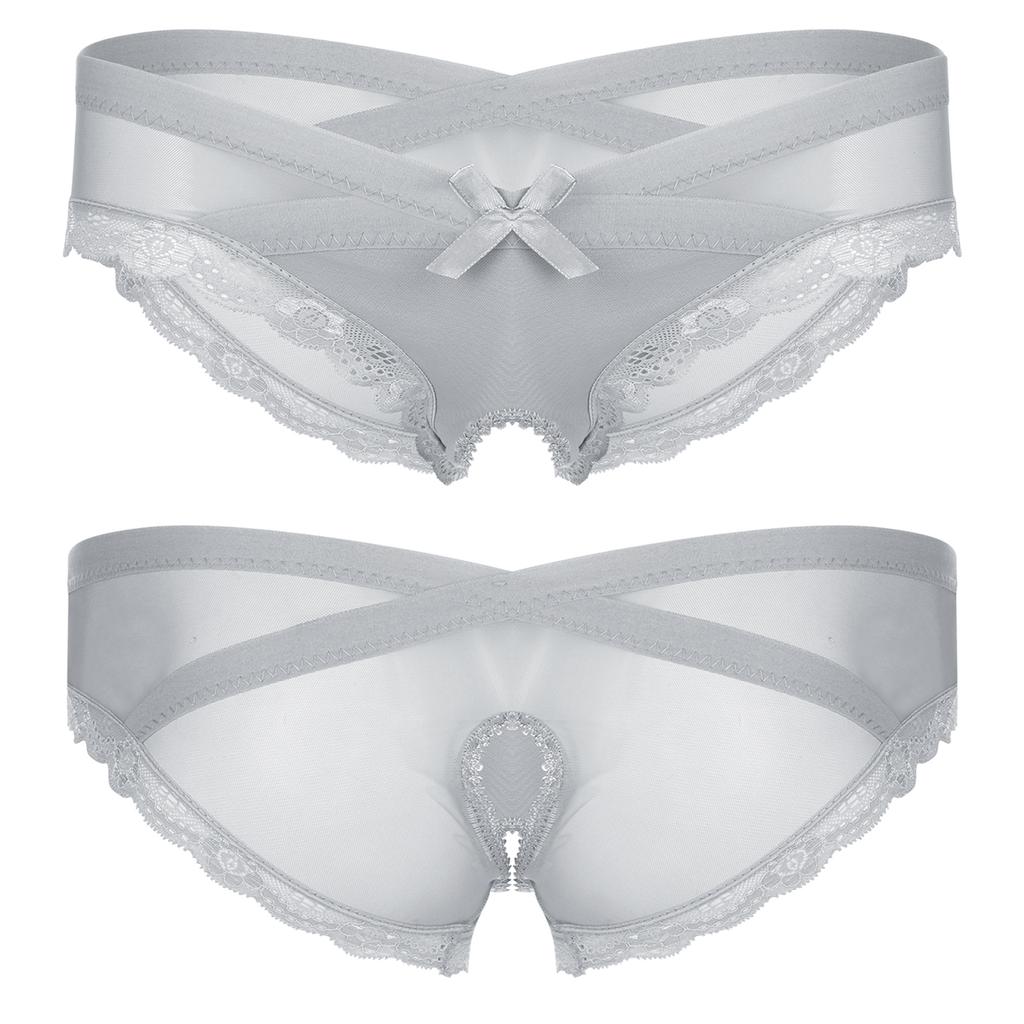 Pánské průsvitné bezrozkrokové kalhotky ze síťoviny s krajkovým lemem kalhotky Cross-dresser Sissy spodní prádlo