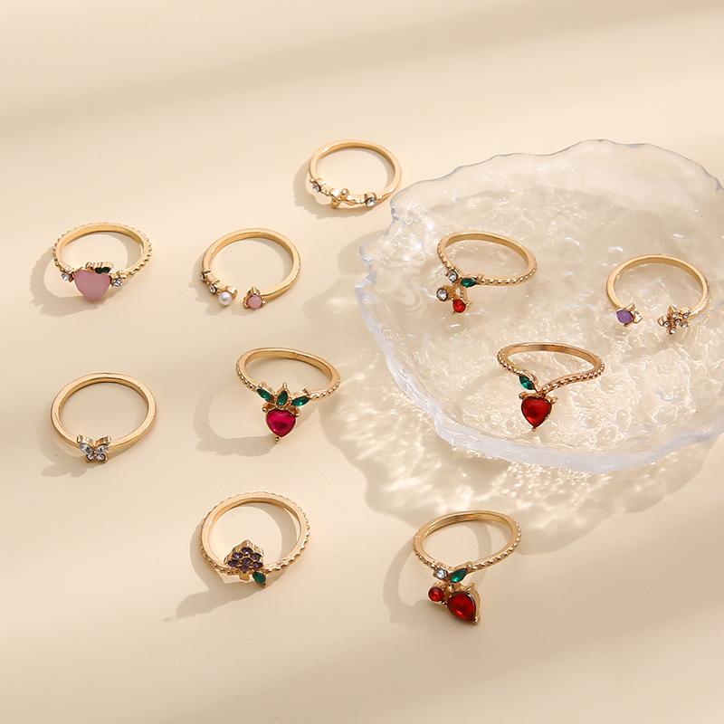 Apple Peach Strawberry Cherry Butterfly Grape Fun Ring 10-piece Ring Set