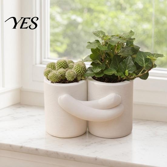 Vaso per Cactus Abbraccio Design Fioriera, Texture Bianca Opaca Stampato 3D Doppia Vasca Atmosfera Rilassante Fioriera, Stile Nordico Piccola Pianta Verde per