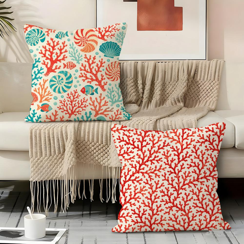 Beach Red Coral Reefs Starfish Cushion Cover Durable Hypoallergenic Organic Linen Short Pillow Cover Washable