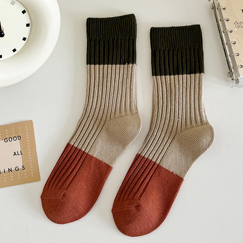 Female Spring and Autumn Tide All Match Stripe Match Color In Tube Cotton Socks