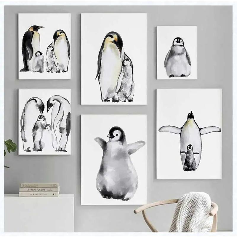 Watercolor Cute Penguin Family Poster Baby Animal Canvas Painting Print Wall Art Picture Nursery Baby Room Home Decor Mural
