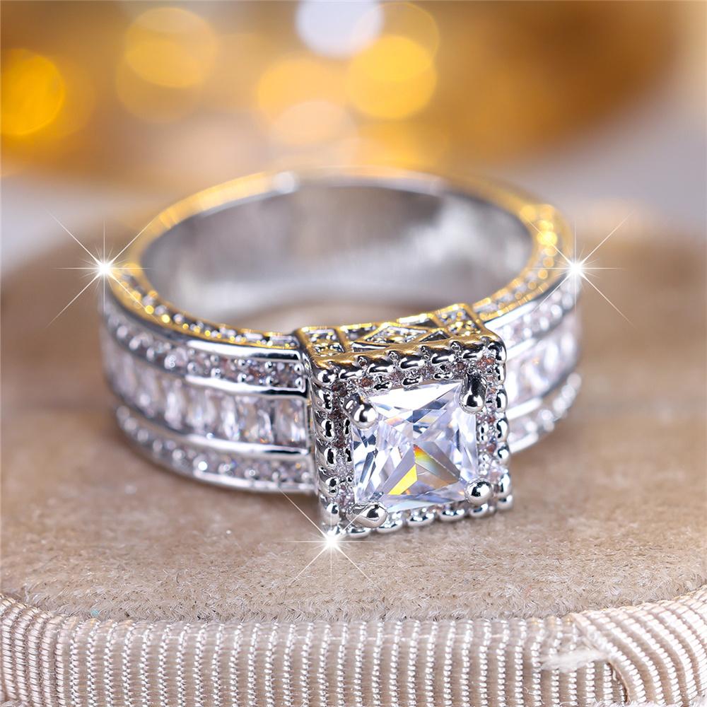 Luxury Female White Square Round Zircon Stone Ring Dainty Silver Color Wedding Jewelry For Women