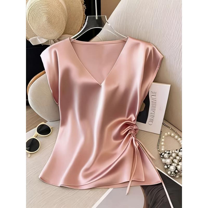 Women V Neck Cap Sleeve Side Drawstring Ruched Satin Blouse