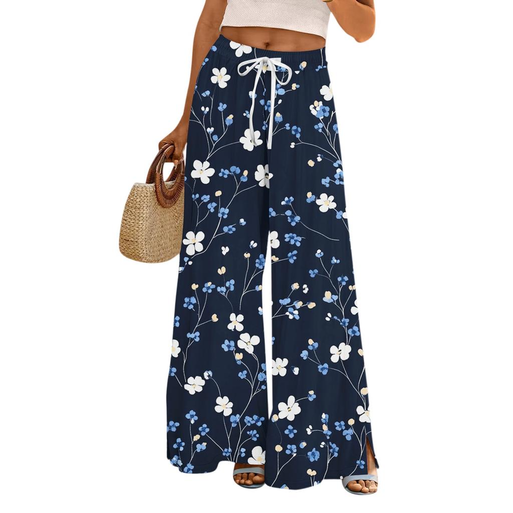 Women's Casual Wide Leg Pants Stretch Belt Pocket Floral Print Adjustable Tie Pants
