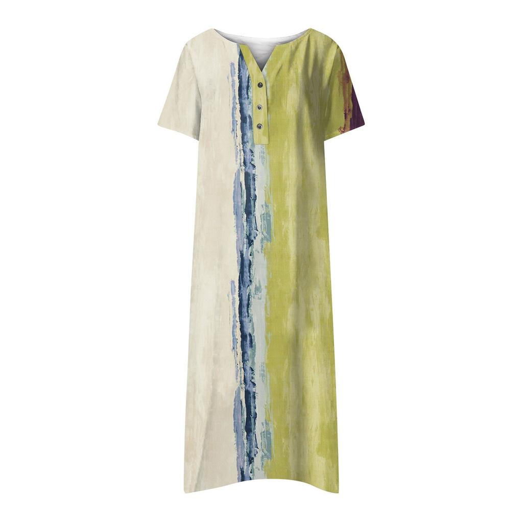 Rochie leagăn cu mânecă scurtă, cu decolteu în V, cu imprimeu casual de vară