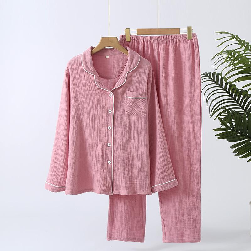 Spring and Autumn New Women's Pajama Set 100% Cotton Solid Color Lapel Long Sleeved Pants Home Furnishing Two Piece Set