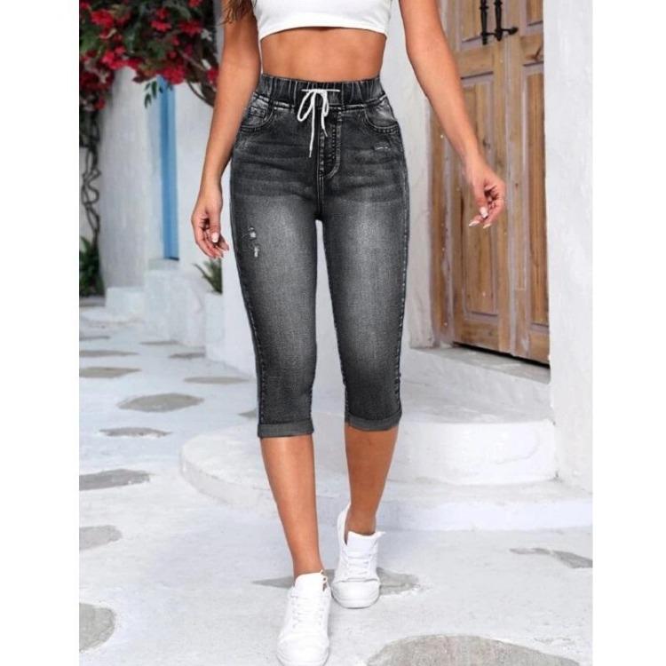 High Waist Women Denim Jeans Shorts Stretch Drawstring Knee Length Ripped Hole Jean Pants