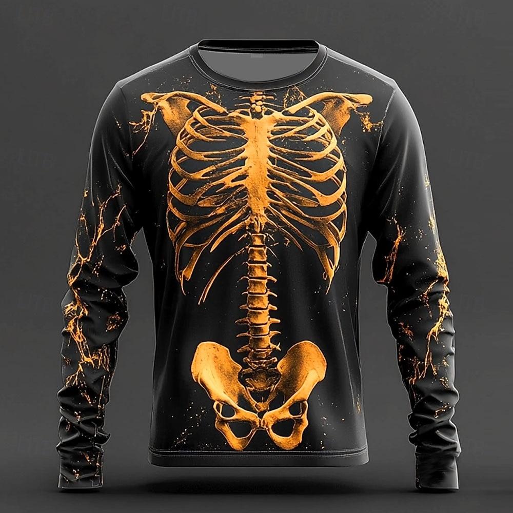 Halloween Fashion Skull 3D print Pattern Men's Long Sleeve T-shirt Casual  Loose Tops Funny 3D Skull Print Tees Autumn Clothing