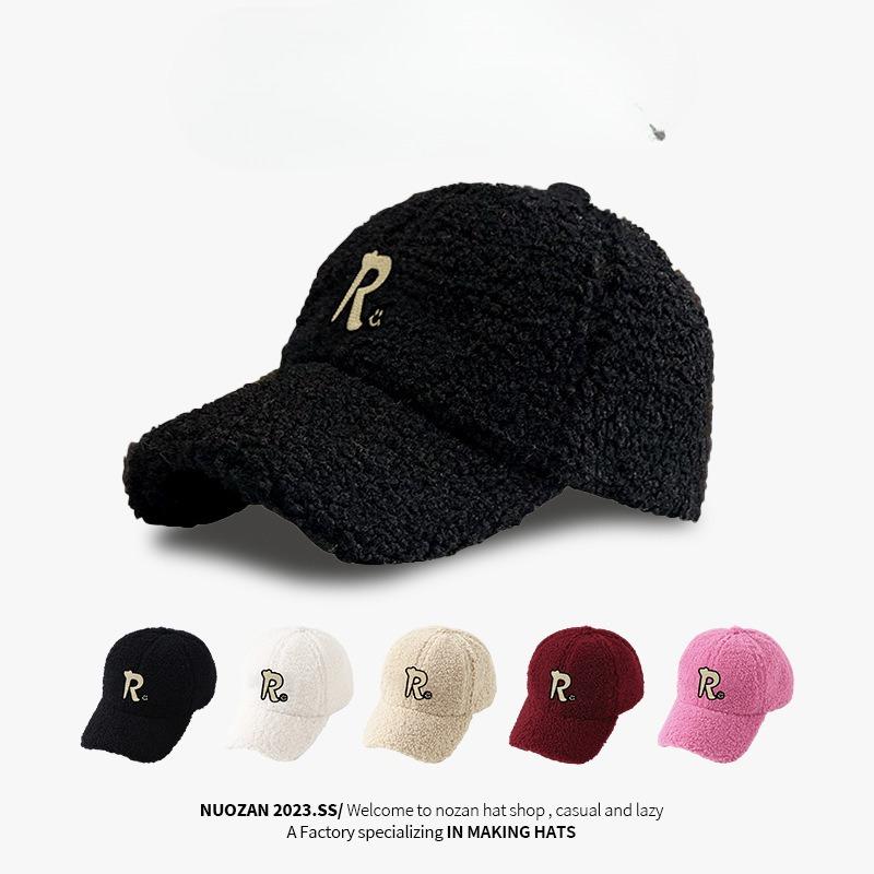 Hat Women's Autumn and Winter R Letter Couple Versatile Cold Proof Baseball Cap Lamb Velvet Thick Warm Wide Brim Peaked Cap for Men