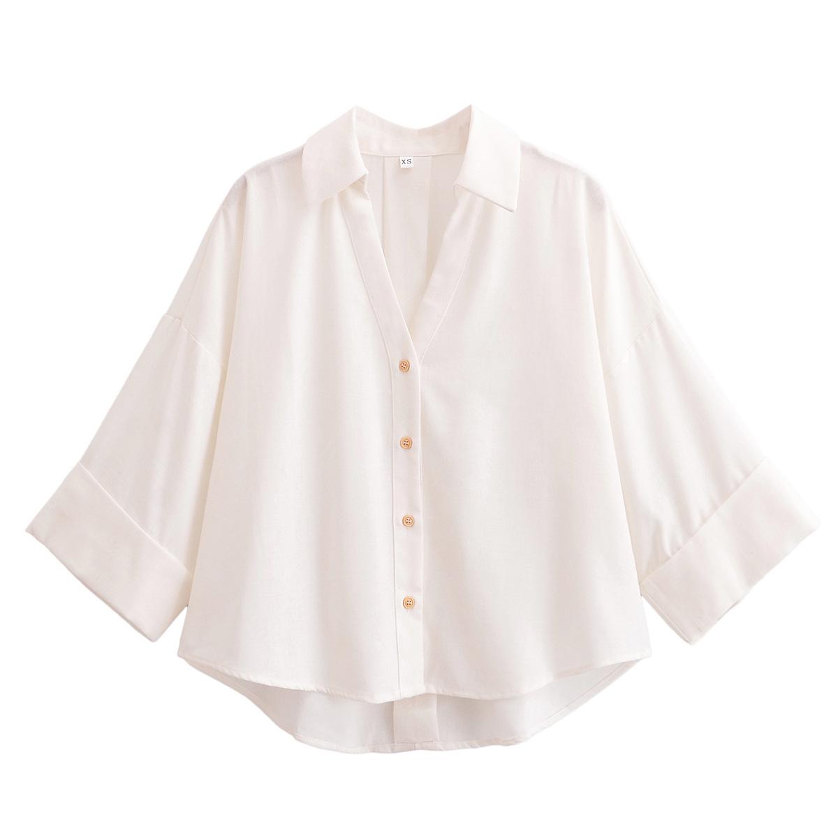 

2025 Весна Женская Льняная Рубашка с Рукавом до Локтя в Европейском и Американском Стиле - Модная и Универсальная M белый