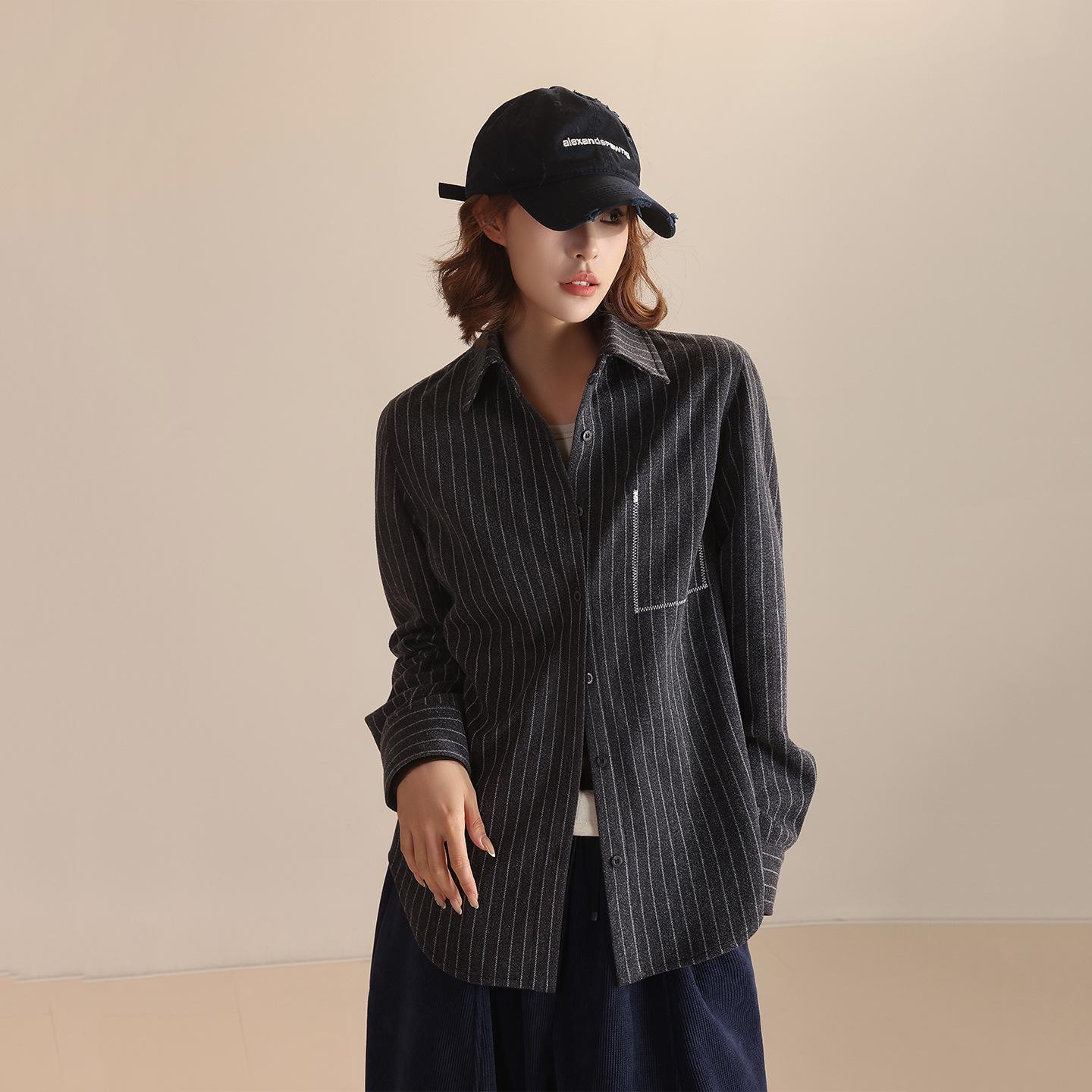 

Thickened Cationic Stripe Color Block Long Sleeve Casual Shirt - Thin Woolen, MD5265 Small темно-сірий